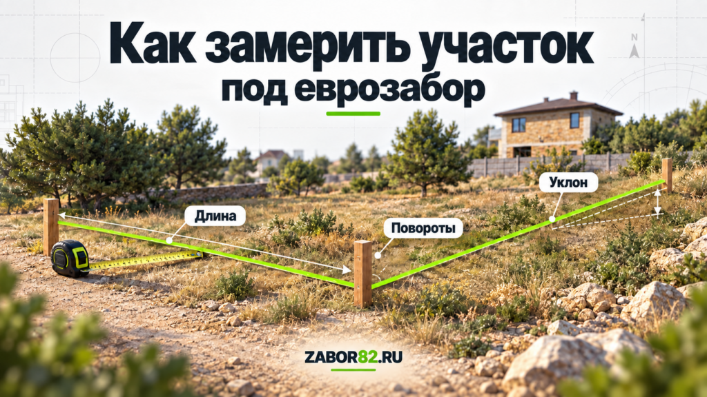 Иллюстрация замера участка: длина линии забора, повороты и уклон.