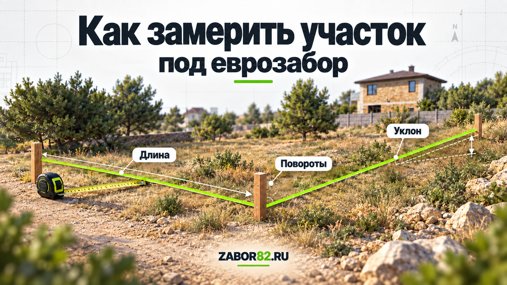 Иллюстрация замера участка: длина линии забора, повороты и уклон.