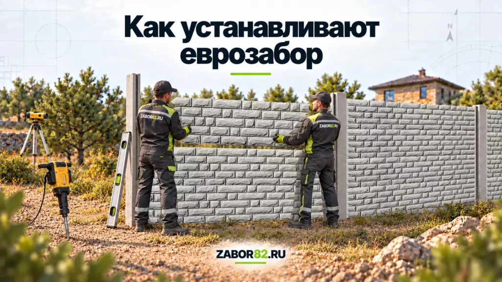 Установка еврозабора: монтажники собирают пролёт из бетонных плит
